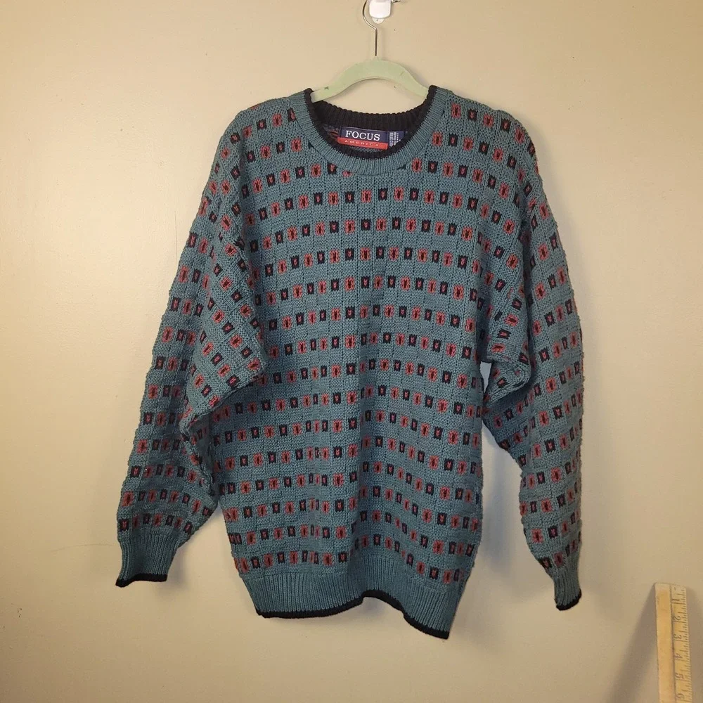 Vintage Sage Green & Red Sweater Jumper by John Weitz Made in the USA Size Large